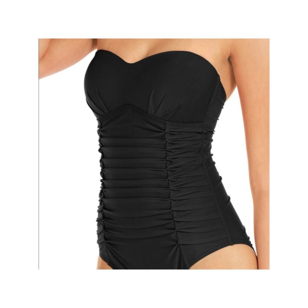 DKNY SWIM Women's Black Pleated Liquid Bandeau One Piece Swimsuit 10